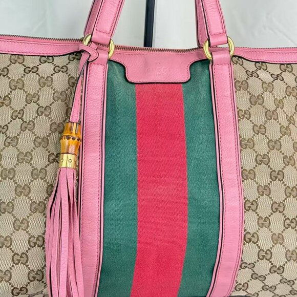 Gucci GG Logo Supreme Shoulder Bag Crossbody with Pink Trim and Green Red Stripe - Picture 7 of 9